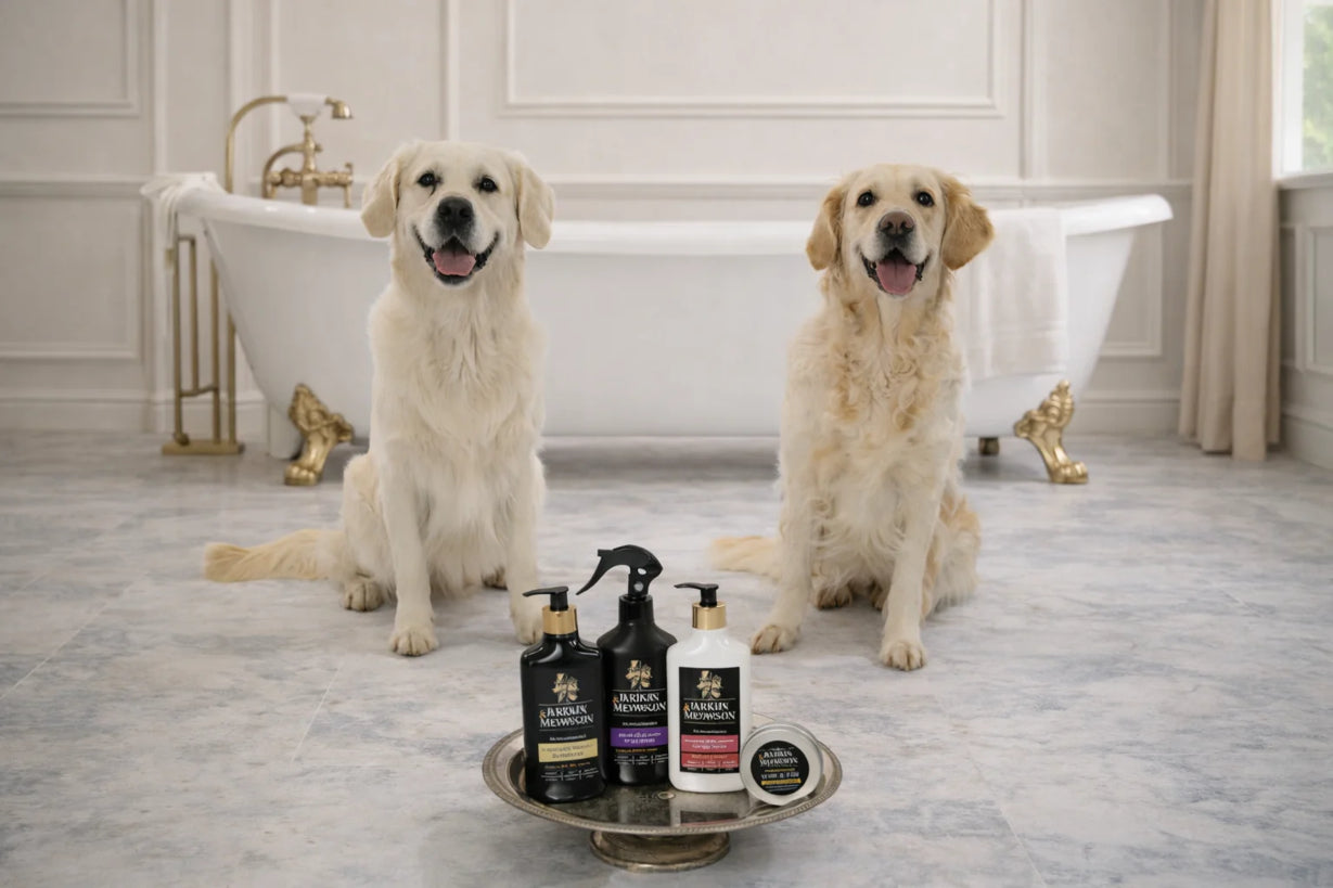 Two dogs and Barkin & Meowson bathing products
