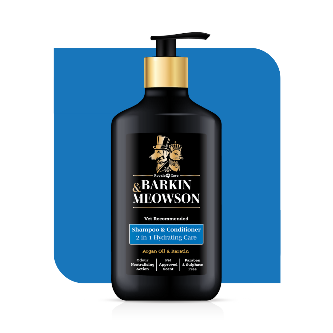 Barkin & Meowson shampoo and conditioner bottle on a blue background
