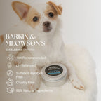 Dog with a jar of 'Barkin & Meowson' pet product on a light background