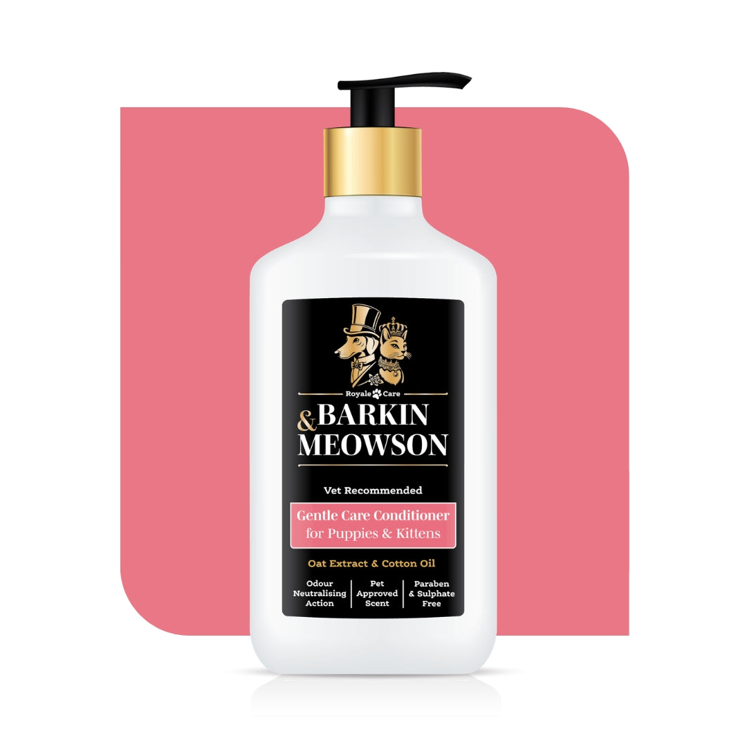 Barkin Meowson pet conditioner bottle on a white background with a pink rectangular object.