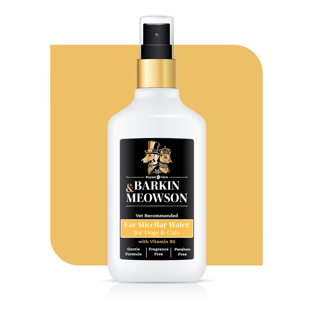Barkin Meowson ear micellar water bottle with a gold and black label on a white background