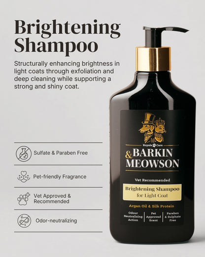 Brightening Shampoo bottle by Barkin & Meowson on a light gray background with product text and feature icons on the left. The bottle is black with a gold pump and a black-and-gold label.