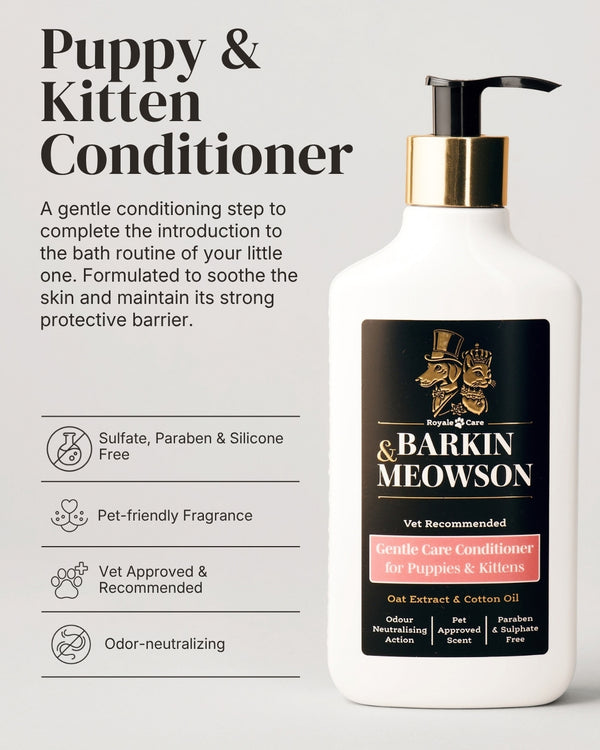 Puppy & Kitten Conditioner bottle by Barkin & Meowson on a light gray background with product text and feature callouts on the left.