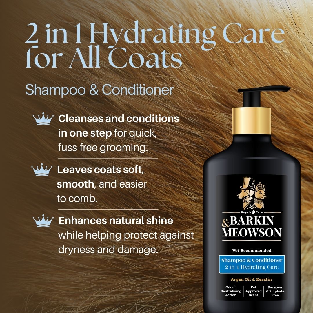 Barkin Meowson shampoo and conditioner bottle with text on a fur background
