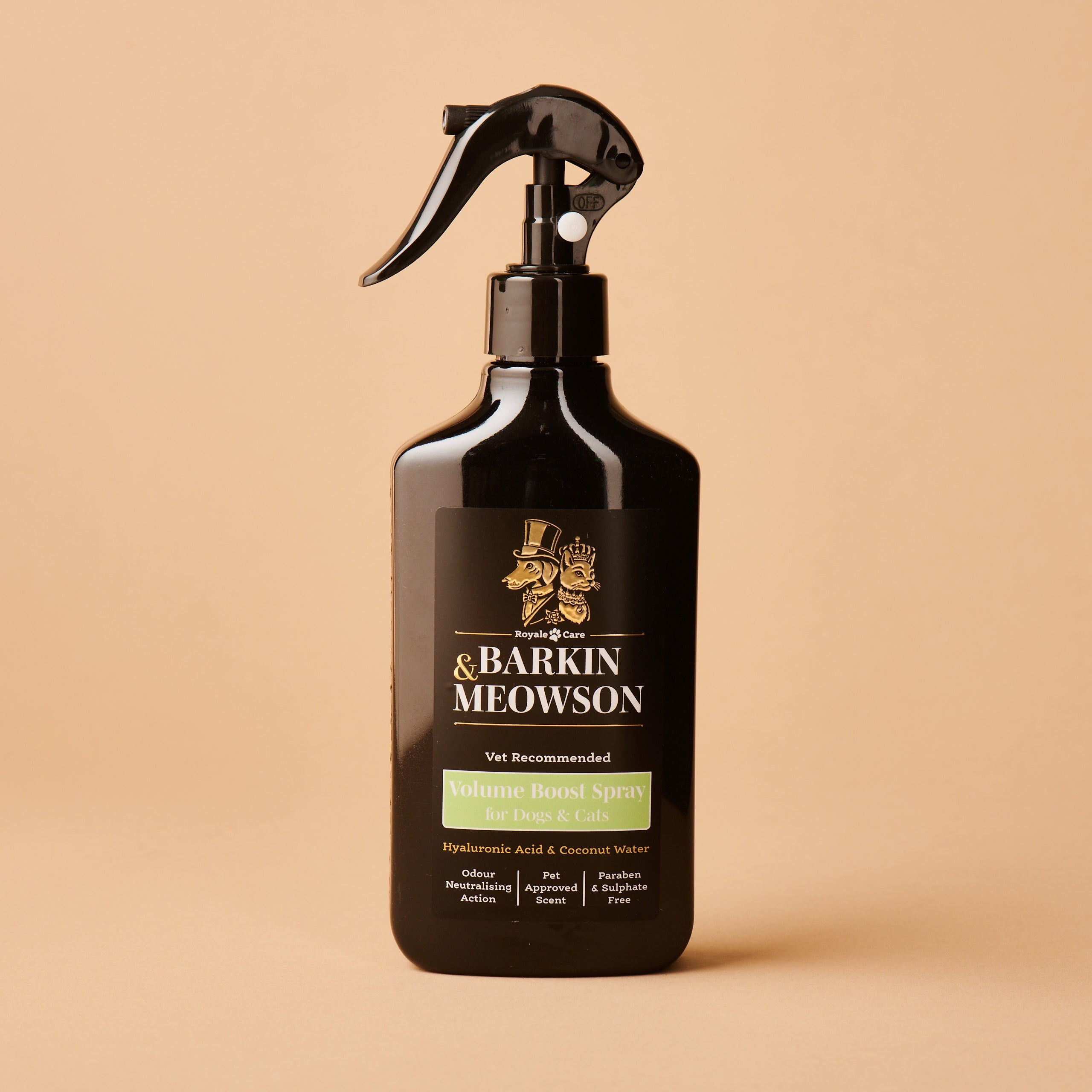 Barkin Meowson spray bottle on a beige background