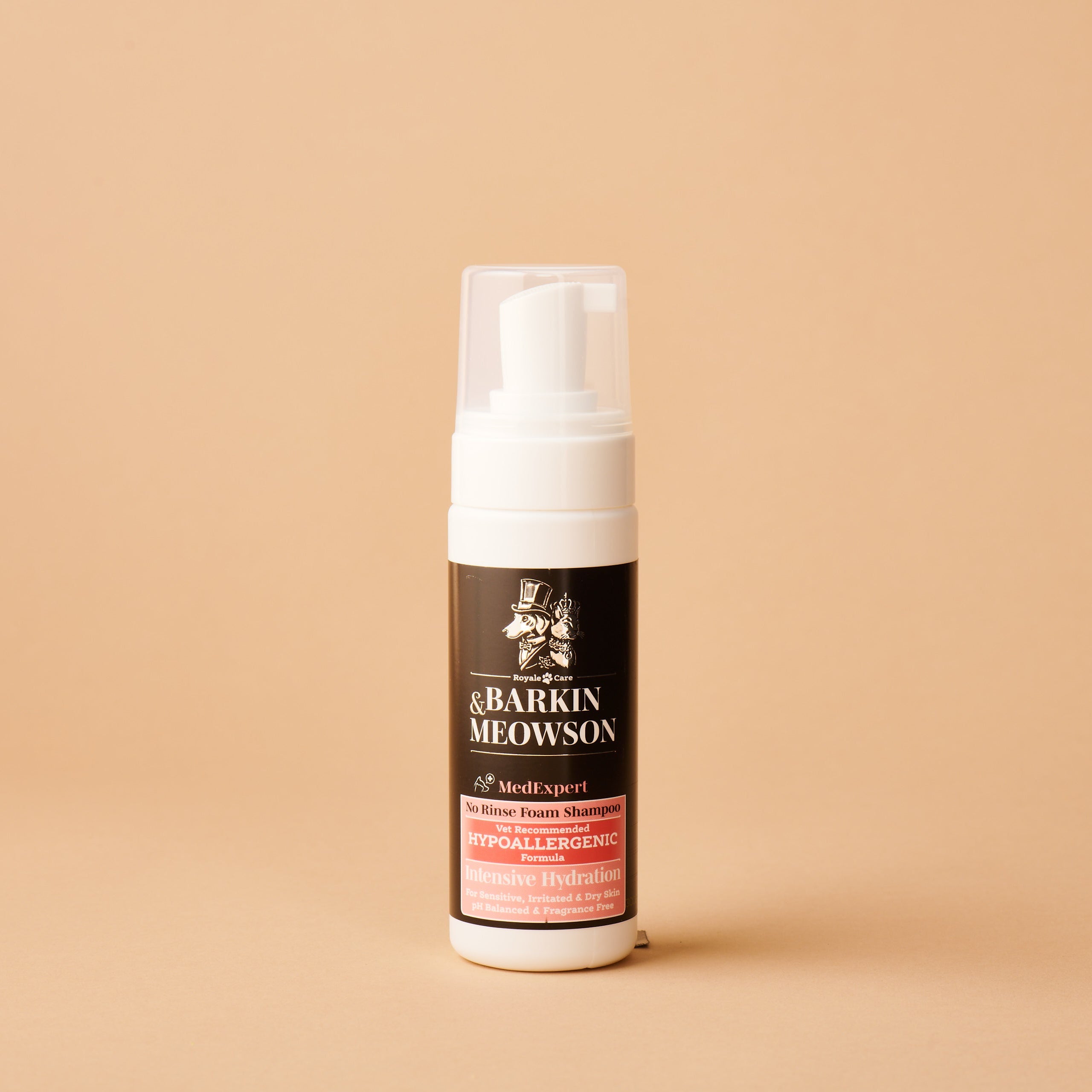 Barkin' Meowson pet product bottle on a beige background