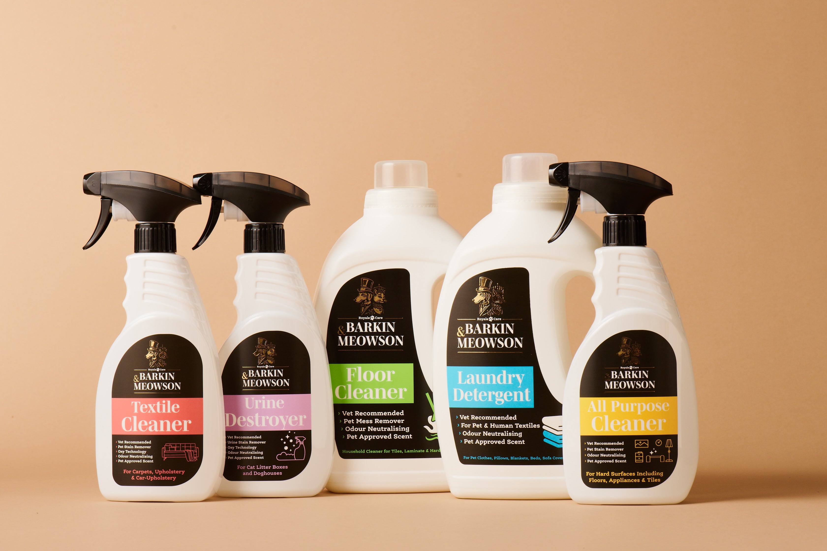 Set of Barkin & Meowson cleaning products on a beige background