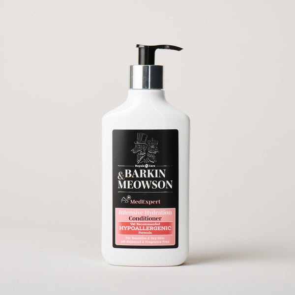 Barking & Meowson conditioner bottle on a light gray background