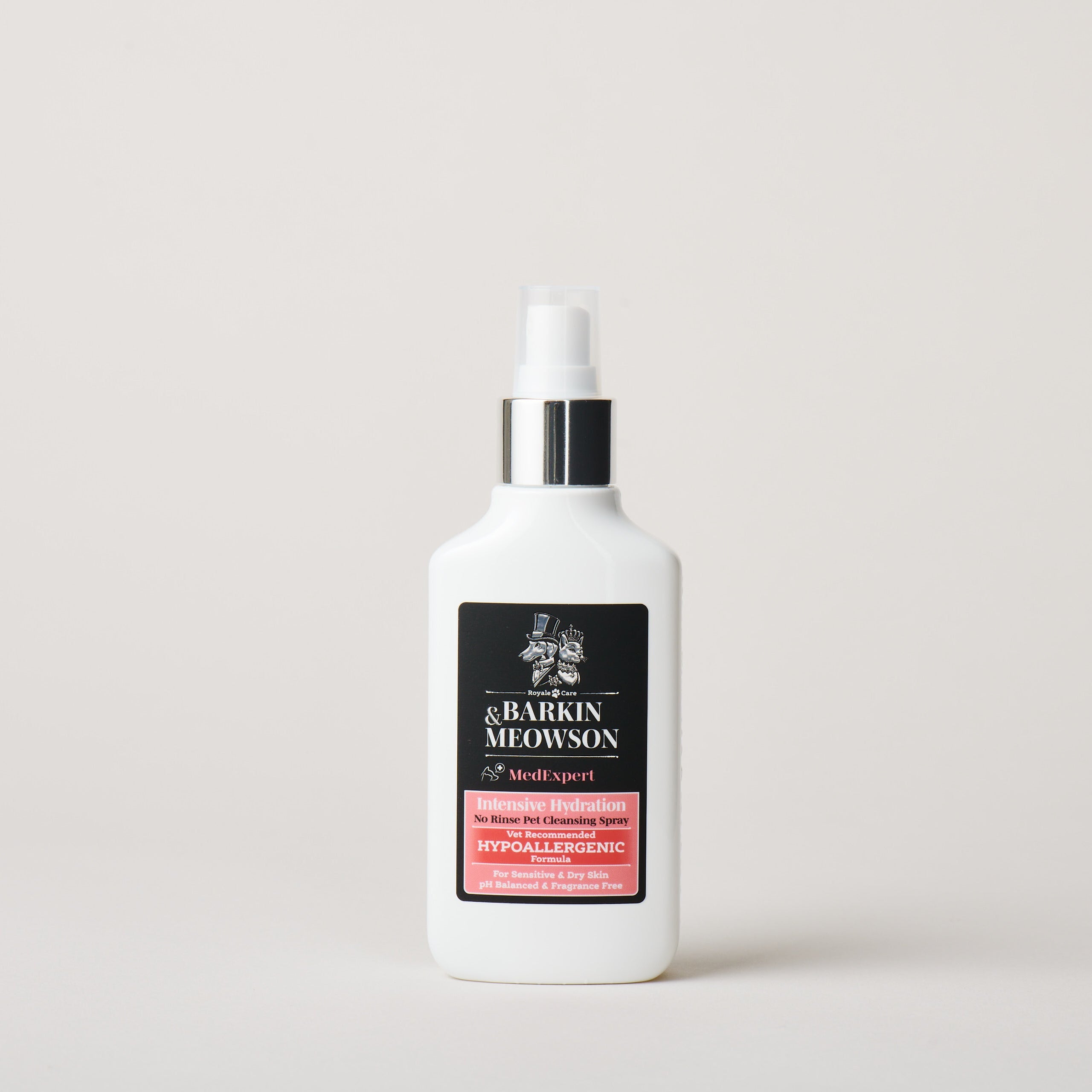 White bottle with a black label on a light gray background