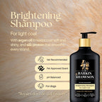 Barkin & Meowson brightening shampoo bottle with product details on a fur background