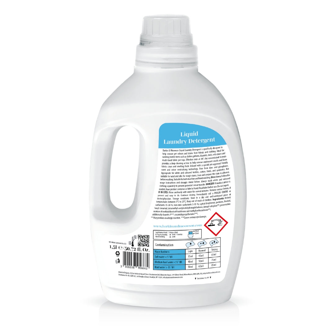 White bottle of liquid laundry detergent with label on a white background