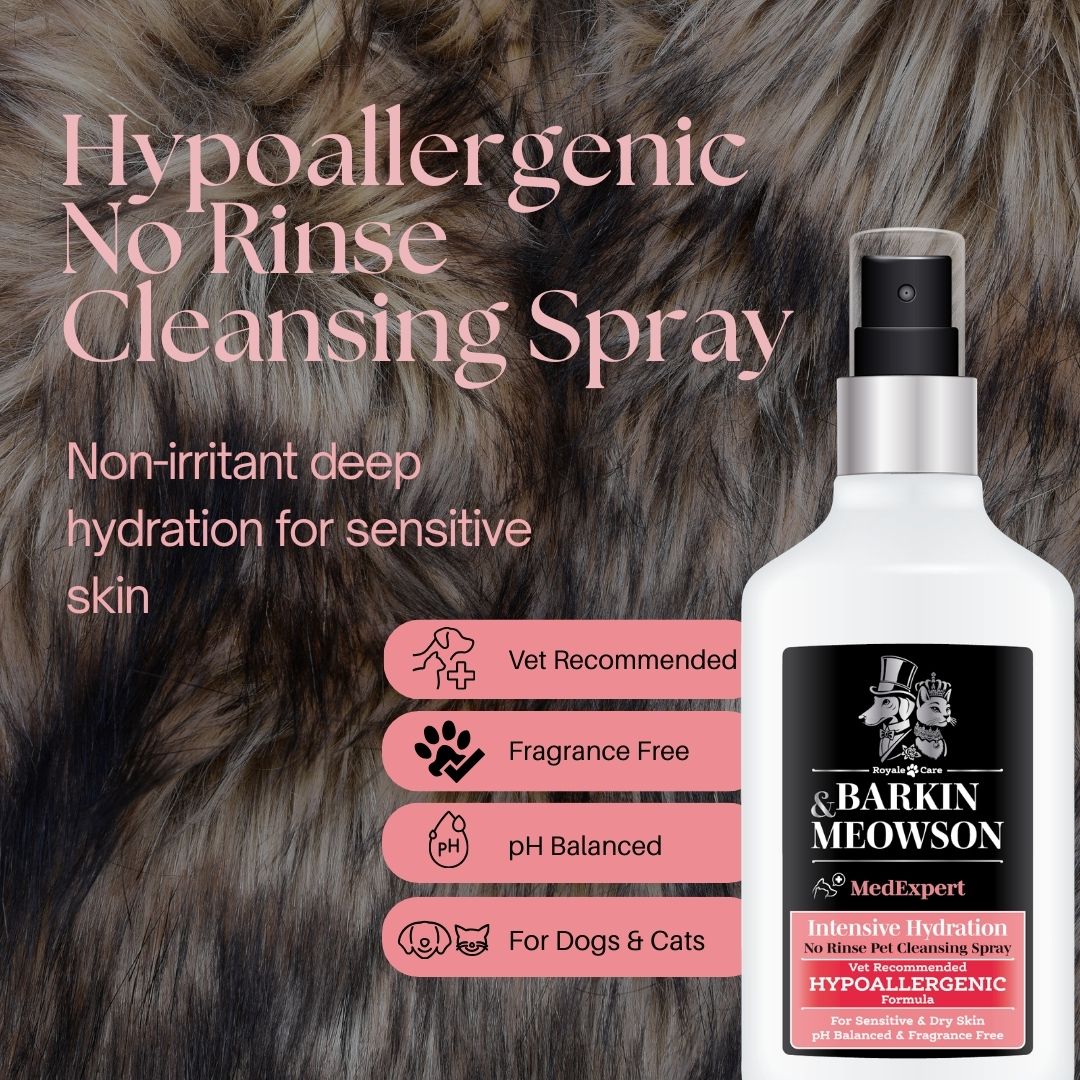 Barkin' Meowson hypoallergenic no rinse cleansing spray for pets with product details on a fur background.