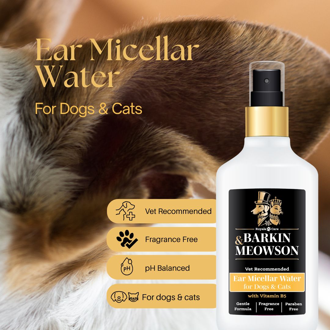 Barkin Meowson ear micellar water bottle for dogs and cats with a close-up of a pet's ear.