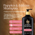 Barkin & Meowson shampoo bottle for puppies and kittens with brown fur background