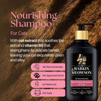 Barkin' Meowson Nourishing Shampoo for cats with product details on a brown fur background