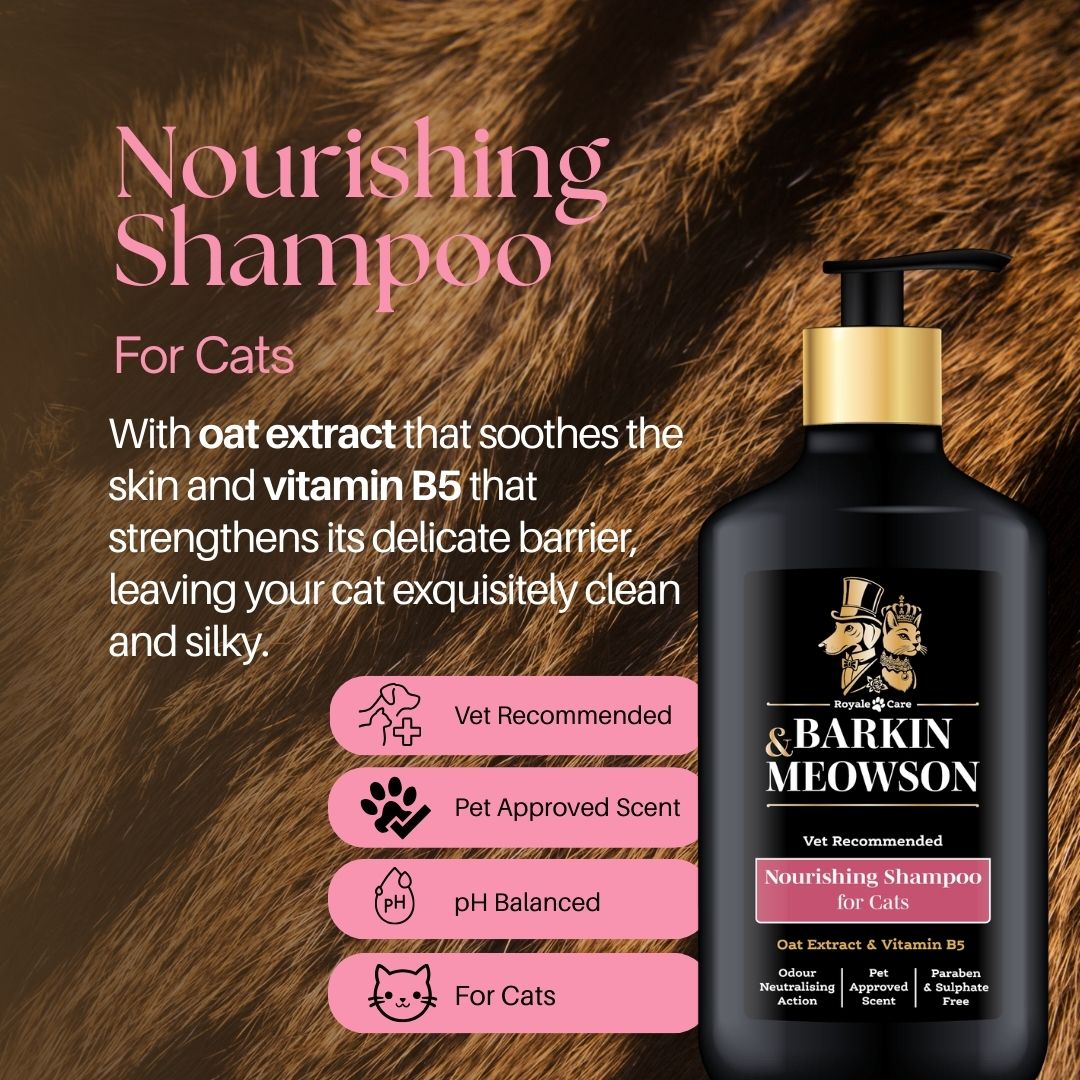 Barkin' Meowson Nourishing Shampoo for cats with product details on a brown fur background
