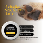 Barkin' Meowson protective nose and paw balm with a close-up of a dog's paw.