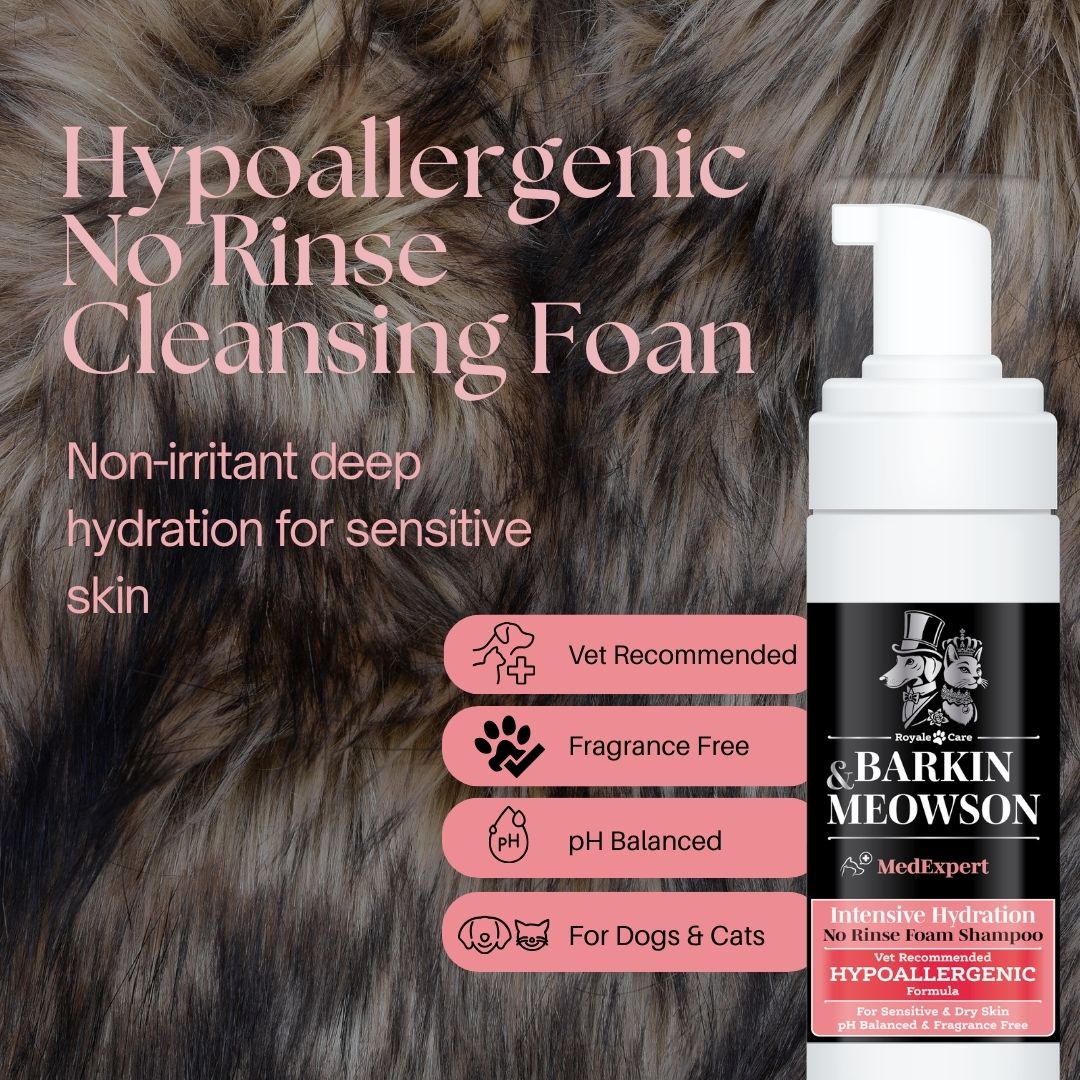 Barkin Meowson hypoallergenic no rinse cleansing foam for pets with product packaging and fur background.