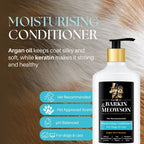 Barkin & Meowson moisturising conditioner bottle with text about ingredients and benefits on a brown fur background