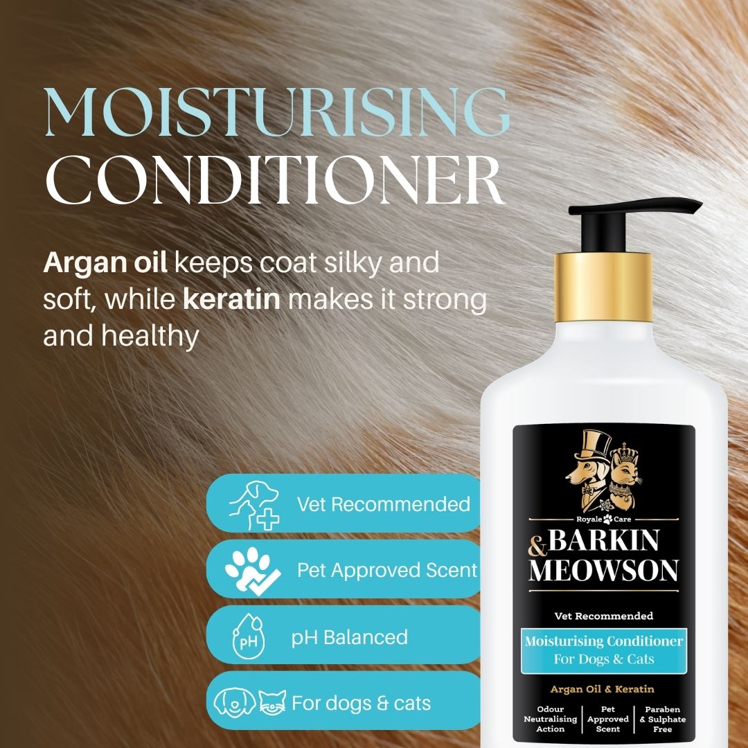 Barkin & Meowson moisturising conditioner bottle with text about ingredients and benefits on a brown fur background
