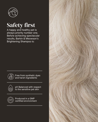 A promotional graphic for Barkin & Meowson's Brightening Shampoo, featuring a close-up of light beige/cream pet hair on the right and a dark brown text panel on the left with safety claims and icons.