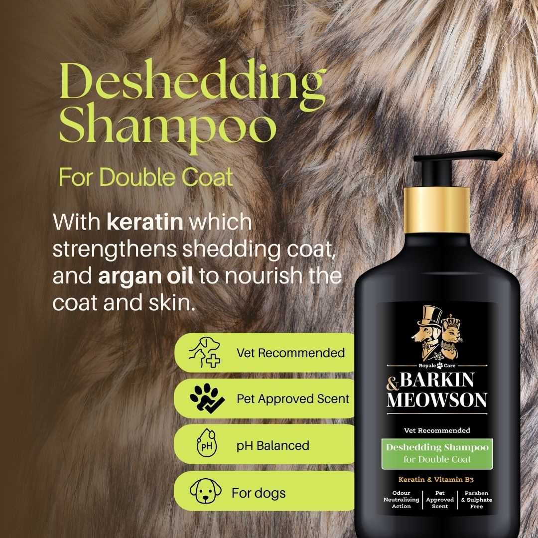 Barkin Meowson deshedding shampoo bottle with product details on a fur background