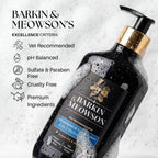 Barkin & Meowson pet shampoo bottle with product features listed on a light gray background