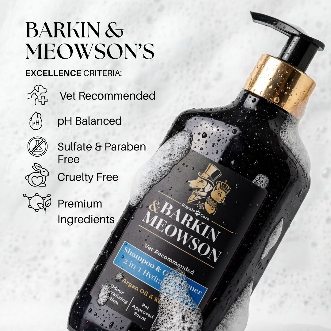 Barkin & Meowson pet shampoo bottle with product features listed on a light gray background