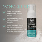 Barkin' Meowson pet shampoo bottle with product features on a gray background