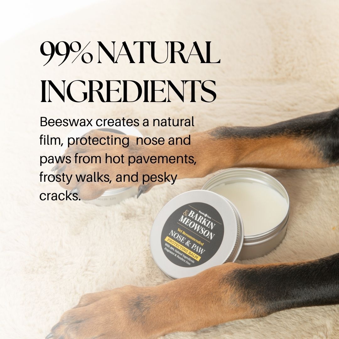 Barkin' Meowson nose and paw balm with a dog's paw and text about its natural ingredients.