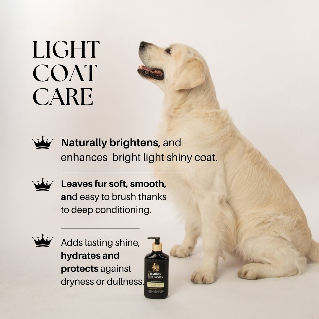 Dog with light coat care product and text on a white background