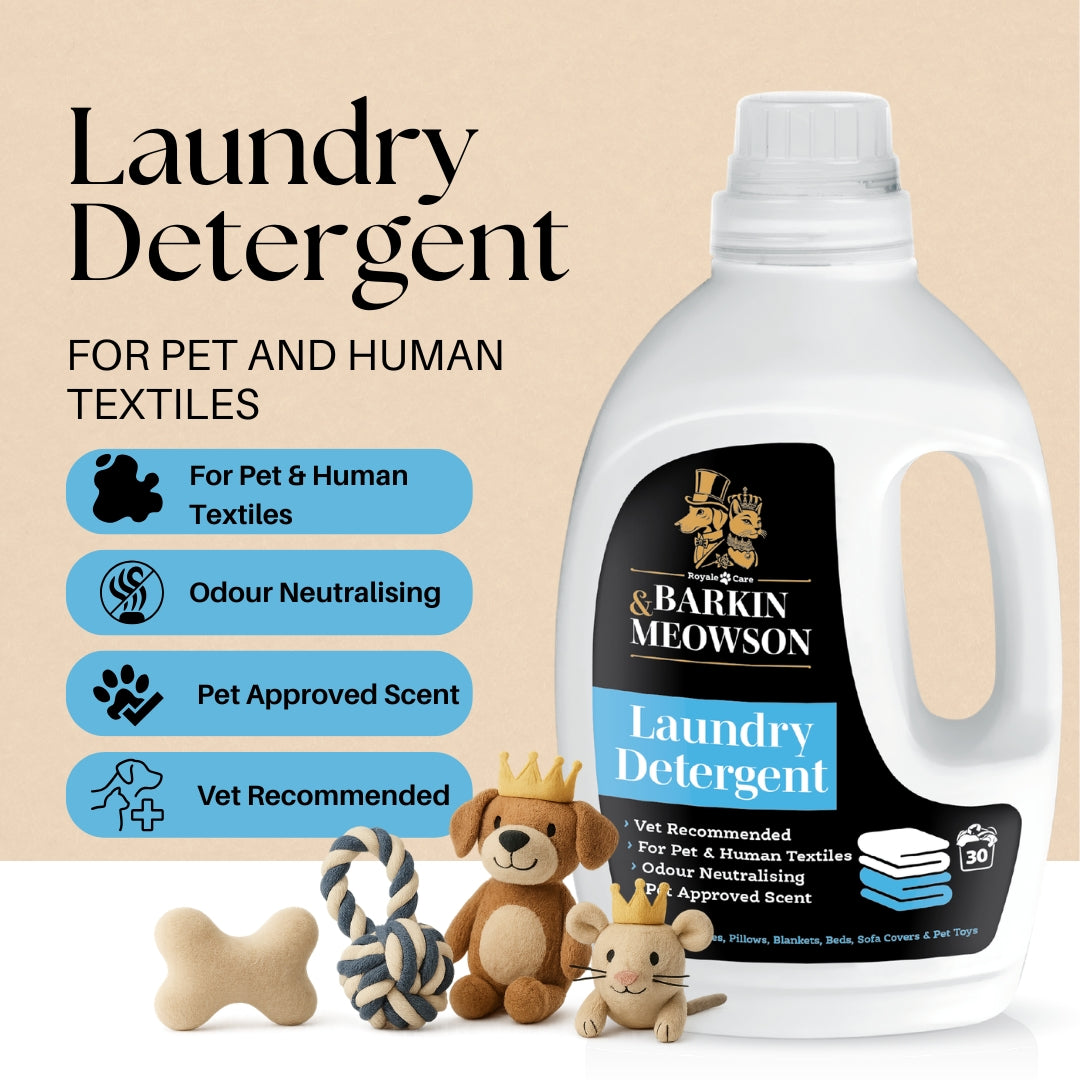 Barkin Meowson laundry detergent bottle with pet-related items on a beige background