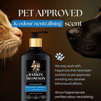 Barkin' Meowson pet shampoo bottle with a cat and dog sniffing it, on a dark background.