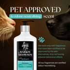 Barkin Meowson shampoo bottle with a cat and dog sniffing it, on a brown background.