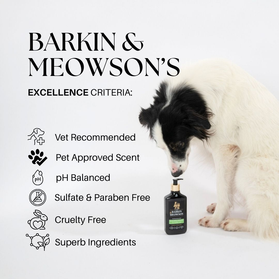 Dog sniffing a bottle with 'Barkin & Meowson's' branding and product criteria listed.
