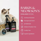 Barkin & Meowson pet care products with a cat and a list of product criteria on a pink background.