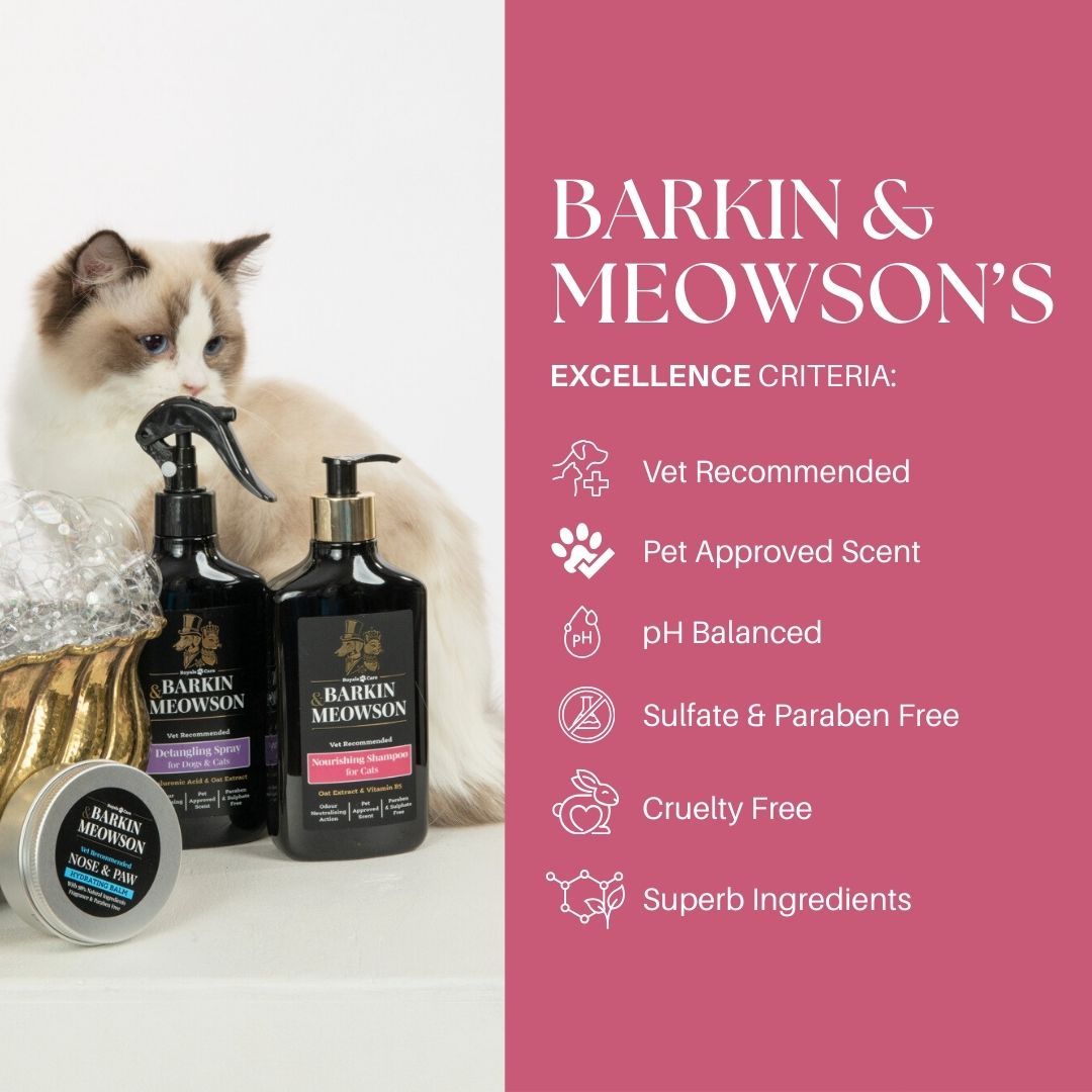 Barkin & Meowson pet care products with a cat and a list of product criteria on a pink background.