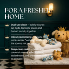 Room with pet toys and cleaning products, featuring text about product features.