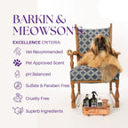 Dog sitting on a chair with pet care products and 'Barkin & Meowsons' branding.