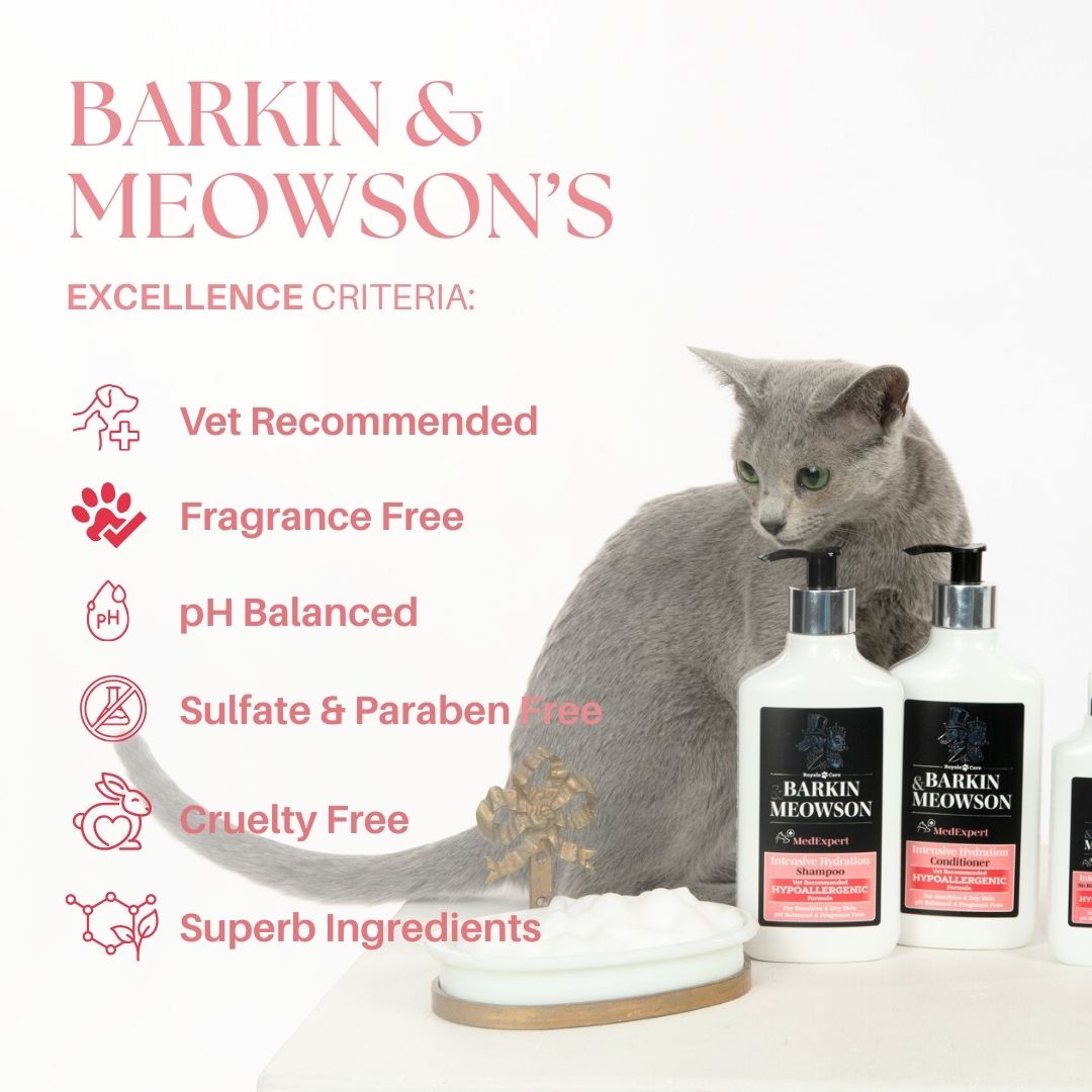Barkin & Meowson pet care products with a cat and listed criteria on a white background