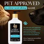 Barkin' Meowson pet shampoo bottle with a cat and dog sniffing it, on a brown background.