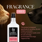 Barkin & Meowson pet cleansing spray with a cat and dog sniffing it, on a brown background.