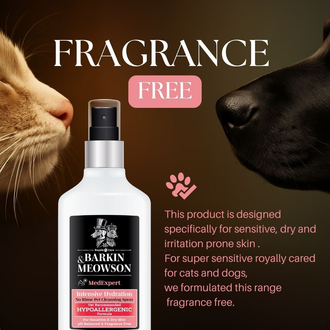 Barkin & Meowson pet cleansing spray with a cat and dog sniffing it, on a brown background.