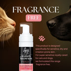 Barking & Meowson shampoo bottle with a cat and dog sniffing it, on a brown background.