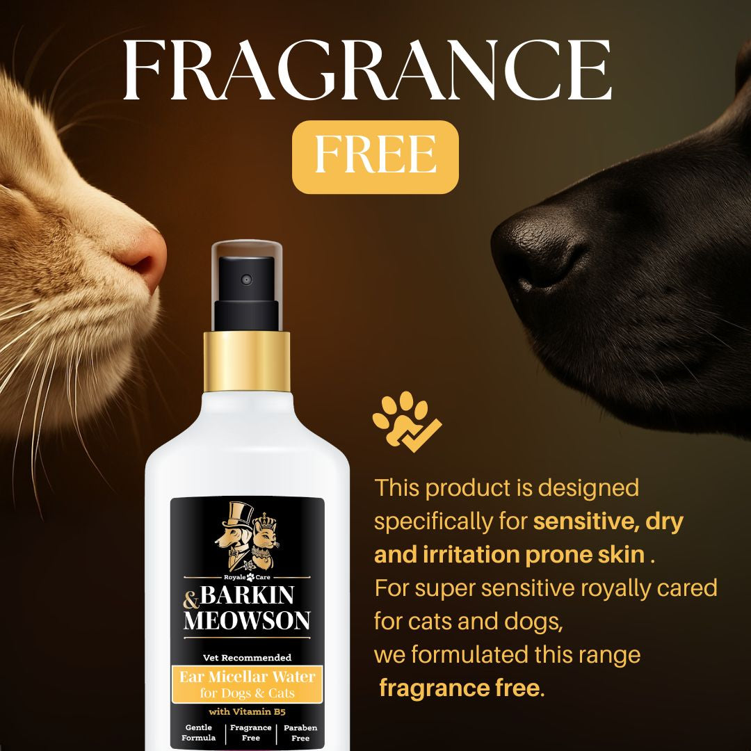 Barkin' & Meowson product for cats and dogs with a bottle and text on a brown background