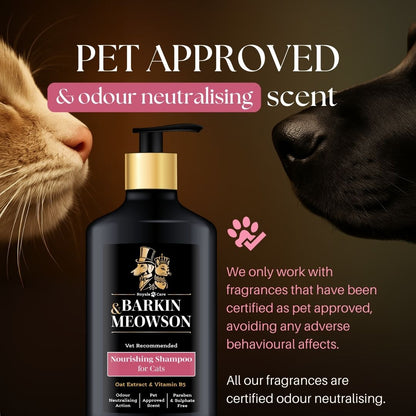 Barkin' Meowson shampoo bottle with a cat and dog sniffing it, on a brown background.