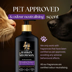 Barkin' Meowson shampoo bottle with a cat and dog sniffing it, on a dark background.