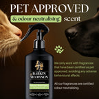 Barkin' Meowson volume boost spray with a cat and dog sniffing it, on a brown background.