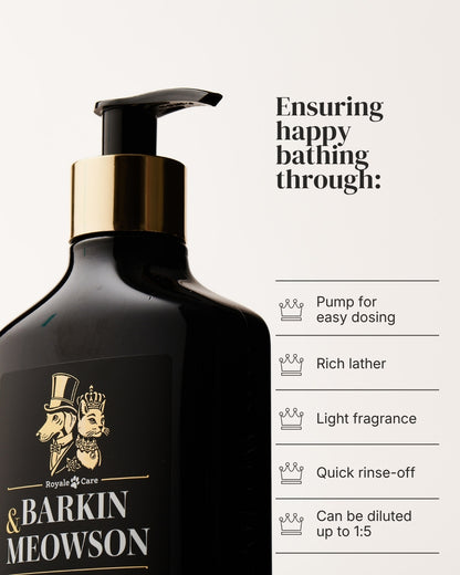 A bottle of Royal's Care & Barkin & Meowson dog grooming shampoo, shown on a light beige background with promotional text and feature callouts.