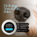 Barkin Meowson hydrating nose and paw balm with a close-up of a dog's nose and paw.